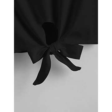 Romwe Women's Knot Front Cuffed Sleeve Striped Crop Top Tee T-Shirt Black Plain S