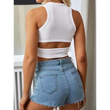 Abardsion Women's Ribbed Crop Tank Top Sleeveless Crew Neck Racerback Cut Out Backless Halter Tops (White, S)