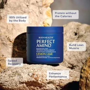 BodyHealth PerfectAmino Powder - BCAA and EAA Powder for Pre and Post Workout - Amino Acid Energy Drink for Men and Women to Support Lean Muscle and Recovery - Lemon Lime - 60 Servings