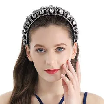 QIANXUAN Crystal Rhinestone Headbands For Women White Pearl Headbands For Girls Padded Headband Black Velvet Jewelry Chain Hairband Handmade Pearly Flower Retro Filling Diamond Hair Accessories