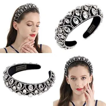 QIANXUAN Crystal Rhinestone Headbands For Women White Pearl Headbands For Girls Padded Headband Black Velvet Jewelry Chain Hairband Handmade Pearly Flower Retro Filling Diamond Hair Accessories