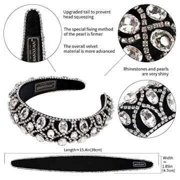 QIANXUAN Crystal Rhinestone Headbands For Women White Pearl Headbands For Girls Padded Headband Black Velvet Jewelry Chain Hairband Handmade Pearly Flower Retro Filling Diamond Hair Accessories