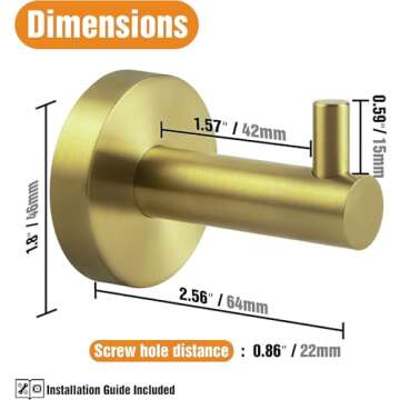 HITSLAM Gold Towel Hooks for Bathroom Wall Mounted, Brushed Brass Wall Mount Hooks Heavy Duty Premium SUS 304 Stainless Steel Rustproof 2 Pack