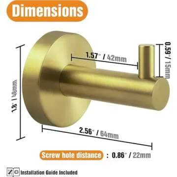 HITSLAM Gold Towel Hooks for Bathroom Wall Mounted, Brushed Brass Wall Mount Hooks Heavy Duty Premium SUS 304 Stainless Steel Rustproof 2 Pack
