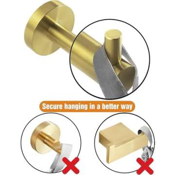HITSLAM Gold Towel Hooks for Bathroom Wall Mounted, Brushed Brass Wall Mount Hooks Heavy Duty Premium SUS 304 Stainless Steel Rustproof 2 Pack