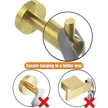 HITSLAM Gold Towel Hooks for Bathroom Wall Mounted, Brushed Brass Wall Mount Hooks Heavy Duty Premium SUS 304 Stainless Steel Rustproof 2 Pack