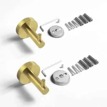 HITSLAM Gold Towel Hooks for Bathroom Wall Mounted, Brushed Brass Wall Mount Hooks Heavy Duty Premium SUS 304 Stainless Steel Rustproof 2 Pack