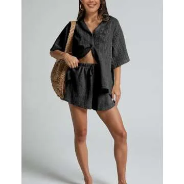 IQSQSQ 2 Piece Crochet Swimsuit Cover Ups for Women Hollow Out Knit Half Sleeve Tops Shorts Sets(Black-S)