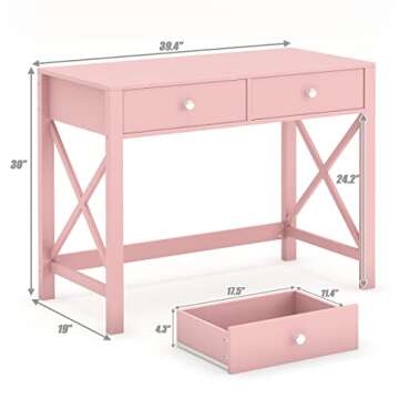 WiberWi Home Office Desk with Drawers, Modern Writing Computer Desk for Bedroom, Small Pink Makeup Vanity Table for Girls, Study Table for Home Office