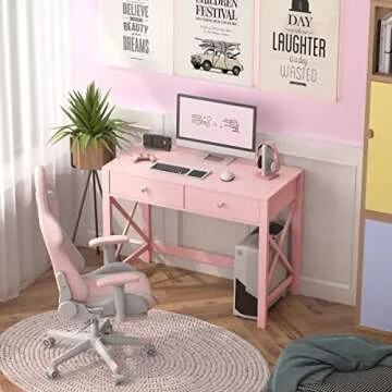 WiberWi Home Office Desk with Drawers, Modern Writing Computer Desk for Bedroom, Small Pink Makeup Vanity Table for Girls, Study Table for Home Office