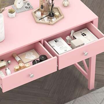 WiberWi Home Office Desk with Drawers, Modern Writing Computer Desk for Bedroom, Small Pink Makeup Vanity Table for Girls, Study Table for Home Office