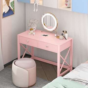 WiberWi Home Office Desk with Drawers, Modern Writing Computer Desk for Bedroom, Small Pink Makeup Vanity Table for Girls, Study Table for Home Office