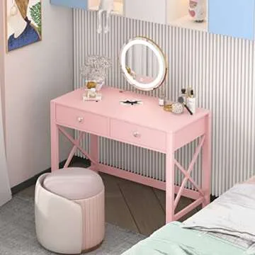 WiberWi Home Office Desk with Drawers, Modern Writing Computer Desk for Bedroom, Small Pink Makeup Vanity Table for Girls, Study Table for Home Office