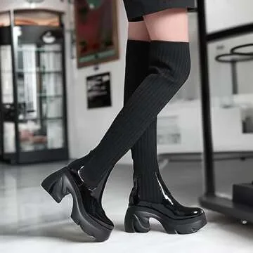 Shoe'N Tale Thigh High Boots for Women Round Toe Platform Heeled Stretch Knit Over the Knee Boots(7,...