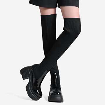 Shoe'N Tale Thigh High Boots for Women Round Toe Platform Heeled Stretch Knit Over the Knee Boots(7,Knit Black)