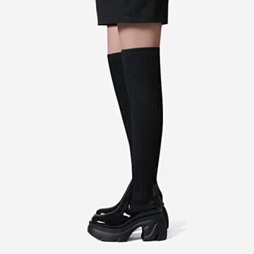 Shoe'N Tale Thigh High Boots for Women Round Toe Platform Heeled Stretch Knit Over the Knee Boots(7,Knit Black)
