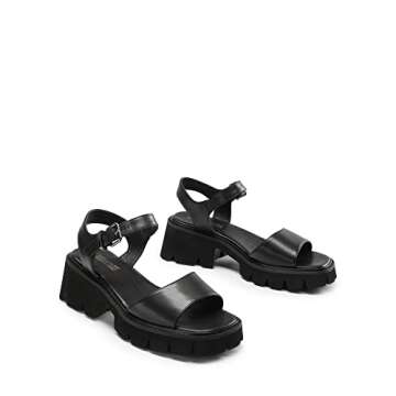 DREAM PAIRS Women's SDHS2316W Lug Sole Low Platform Chunky Block Heels Square Toe Ankle Straps Sandals Black Size 9