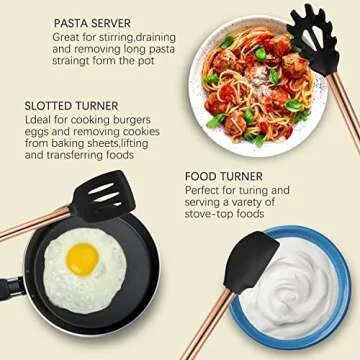 Silicone Cooking Utensil Set,14 Pcs Kitchen Utensils Set with Holder Non-stick Heat Resistant Cookware Cooking Turner Tongs Spatula Spoon with Stainless Steel Handle (Gold Black) BPA Free, Non Toxi