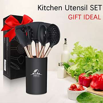 Silicone Cooking Utensil Set,14 Pcs Kitchen Utensils Set with Holder Non-stick Heat Resistant Cookware Cooking Turner Tongs Spatula Spoon with Stainless Steel Handle (Gold Black) BPA Free, Non Toxi