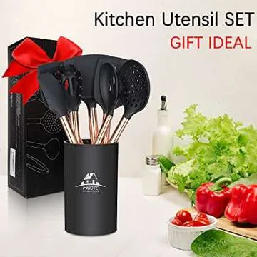 Silicone Cooking Utensil Set,14 Pcs Kitchen Utensils Set with Holder Non-stick Heat Resistant Cookware Cooking Turner Tongs Spatula Spoon with Stainless Steel Handle (Gold Black) BPA Free, Non Toxi