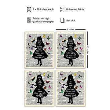 Alice Wonderland Wall Decor Quote Set - 8x10 Dictionary Art Photo Prints - Kids or Girls Bedroom Decor, Room Decorations - Wonderful Gift - Unframed Poster with Butterflies