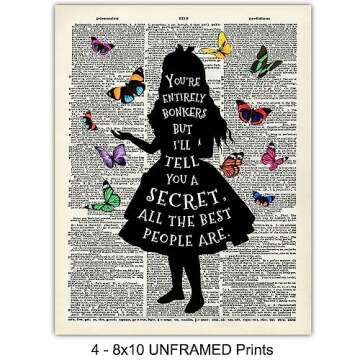 Alice Wonderland Wall Decor Quote Set - 8x10 Dictionary Art Photo Prints - Kids or Girls Bedroom Decor, Room Decorations - Wonderful Gift - Unframed Poster with Butterflies