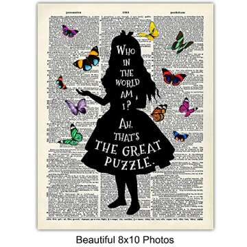 Alice Wonderland Wall Decor Quote Set - 8x10 Dictionary Art Photo Prints - Kids or Girls Bedroom Decor, Room Decorations - Wonderful Gift - Unframed Poster with Butterflies