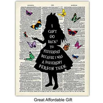 Alice Wonderland Wall Decor Quote Set - 8x10 Dictionary Art Photo Prints - Kids or Girls Bedroom Decor, Room Decorations - Wonderful Gift - Unframed Poster with Butterflies