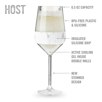 Host Stemmed Wine Glass Freeze Cup, Double Wall Insulated Cooling Tumbler with Freezing Gel, Glasses for Red and White Wine, 6.5 oz, Set of 2, Marble