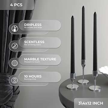 CANDWAX 12 inch Taper Candles Set of 4 - Dripless and Smokeless Candle Unscented - Slow Burning Black Tapered Candle Sticks Ideal for Any Event – Coal Black Candles