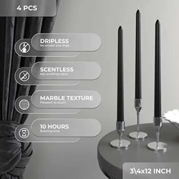CANDWAX 12 inch Taper Candles Set of 4 - Dripless and Smokeless Candle Unscented - Slow Burning Black Tapered Candle Sticks Ideal for Any Event – Coal Black Candles