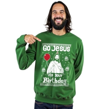 Tstars Jesus Birthday Funny Holiday Xmas Long Sleeve Sweatshirt for Men Women Ugly Christmas Sweater Style Medium Green