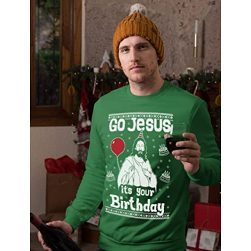 Tstars Jesus Birthday Funny Holiday Xmas Long Sleeve Sweatshirt for Men Women Ugly Christmas Sweater Style Medium Green