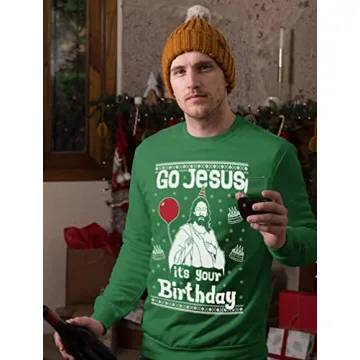 Tstars Jesus Birthday Funny Holiday Xmas Long Sleeve Sweatshirt for Men Women Ugly Christmas Sweater Style Medium Green