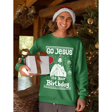 Tstars Jesus Birthday Funny Holiday Xmas Long Sleeve Sweatshirt for Men Women Ugly Christmas Sweater Style Medium Green