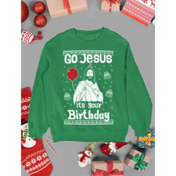 Tstars Jesus Birthday Funny Holiday Xmas Long Sleeve Sweatshirt for Men Women Ugly Christmas Sweater Style Medium Green