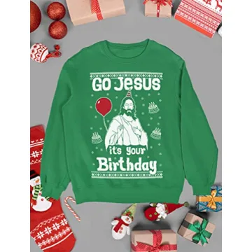 Tstars Jesus Birthday Funny Holiday Xmas Long Sleeve Sweatshirt for Men Women Ugly Christmas Sweater Style Medium Green