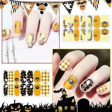 WOKOTO 14 Sheets Halloween Nail Art Stickers Nail Polish Strips Kit with Nail File Pumpkin Bat Ghost Witch Spider Halloween Nail Wraps Real Nail Polish Stickers for Women Girls Nail Strips Set