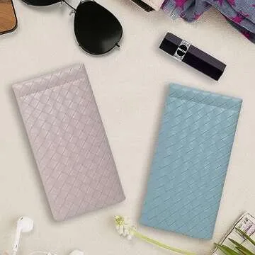 Valuatic Portable Squeeze Top Sunglass Case - Pu Leather Soft Sunglasses Case Easy To Use Eyeglasses Case Pouch 2 Pack (Beige-Black)