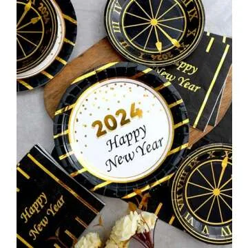 New Year Plates and Napkins Party Supplies 2024 - Serves 16 - Includes Happy New Year Plates and Napkins Cups Cutlery Straws for New Year Party Decorations Décor New Year Eve Party Favors Party Kit