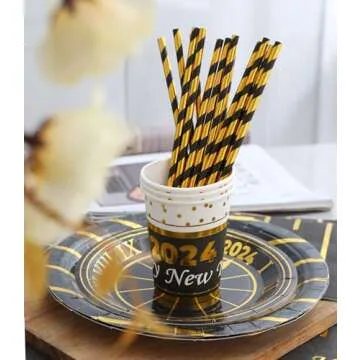 New Year Plates and Napkins Party Supplies 2024 - Serves 16 - Includes Happy New Year Plates and Napkins Cups Cutlery Straws for New Year Party Decorations Décor New Year Eve Party Favors Party Kit
