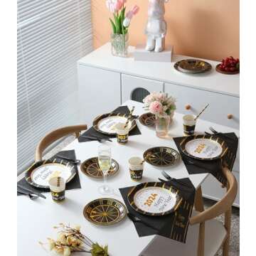 New Year Plates and Napkins Party Supplies 2024 - Serves 16 - Includes Happy New Year Plates and Napkins Cups Cutlery Straws for New Year Party Decorations Décor New Year Eve Party Favors Party Kit