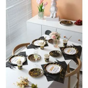 New Year Plates and Napkins Party Supplies 2024 - Serves 16 - Includes Happy New Year Plates and Napkins Cups Cutlery Straws for New Year Party Decorations Décor New Year Eve Party Favors Party Kit