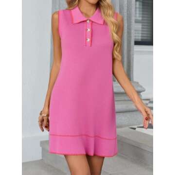 Wenrine Women's Sleeveless Mini Dress Casual Collared V Neck Summer Knit Fashion