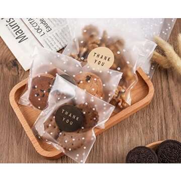 NPLUX 100PACK Self Sealing Cellophane Bags for Cookies with Stickers