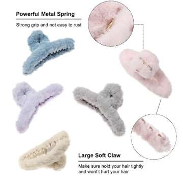 5PCS Large Claw Hair Clips for Thick Hair Big Fuzzy Hair Clips for Women Nonslip Strong Hold Hair Claw Clip (Plush (Blue+Grey+Pink+Purple+Beige))