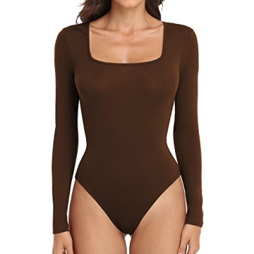 JUEYUN Women Square Neck Bodysuits Long Sleeve Bodysuit Sexy Slim Fit Body Suit Jumpsuit Basic T shi...