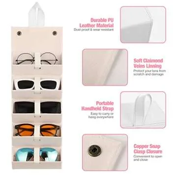 MoKo Sunglasses Organizer with 5 Slots, Foldable Travel Glasses Storage Case Holder Eyewear Display Box, White