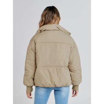 MEROKEETY Women's 2024 Winter Long Sleeve Zip Puffer Jacket Pockets Baggy Short Coats, Khaki, XS