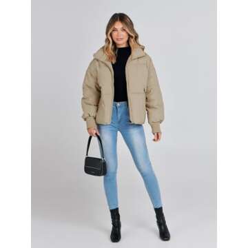 MEROKEETY Women's 2024 Winter Long Sleeve Zip Puffer Jacket Pockets Baggy Short Coats, Khaki, XS